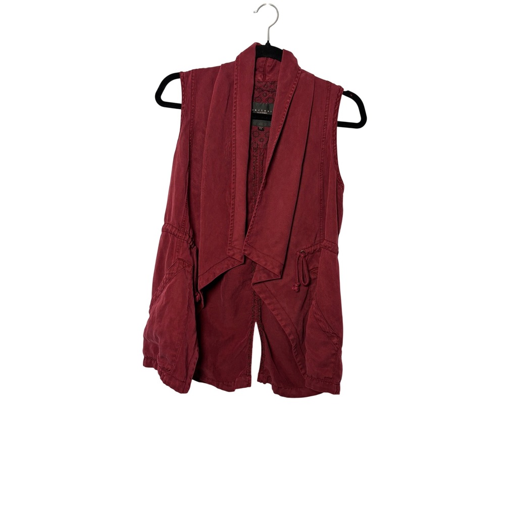Sanctuary Women Vest XS Burgundy Tencel Linen Draped Open Front Utility Boho